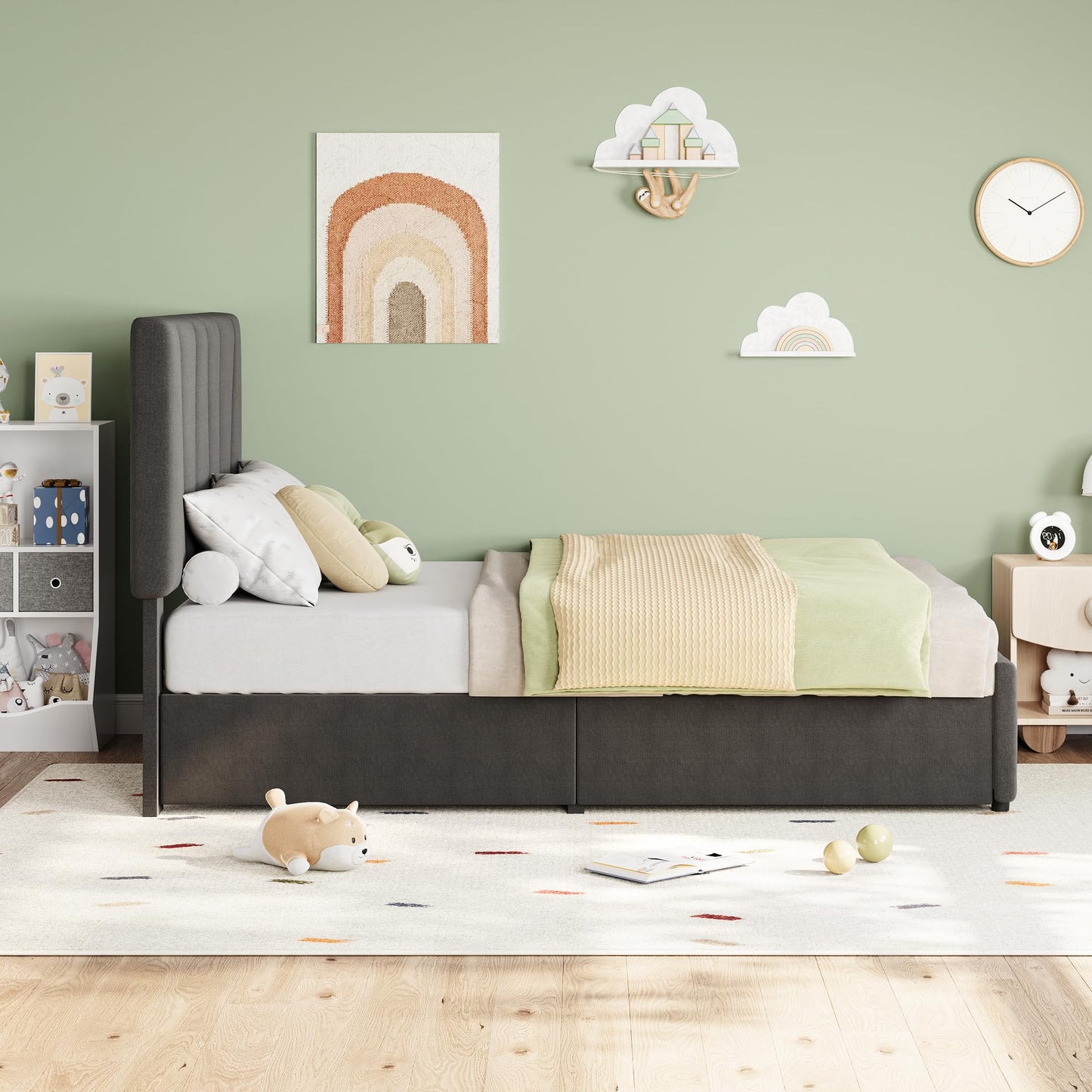 Twin Size Bed Frame with Upholstered Headboard & 2 Storage Drawers with Wheels, Platform Bed Frame with Wooden Slat Support, Adjustable Headboard, No Box Spring Needed, Noise-Free, for Bedroom