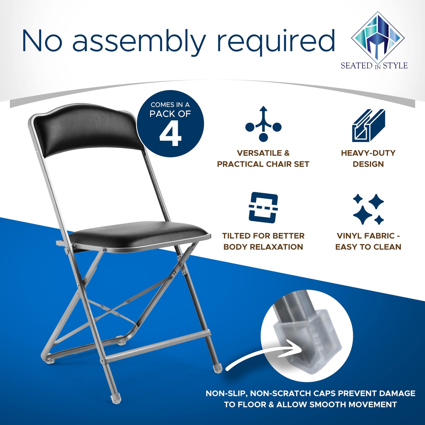 Gold Furnishings Premium Folding Chairs 4 Pack – Narrow 15” Seat, Padded Seat & Back – Folds Ultra Slim (~1 Inch) – Elegant Event Seating for Weddings, Parties & Dining Silver Frame Black Vinyl