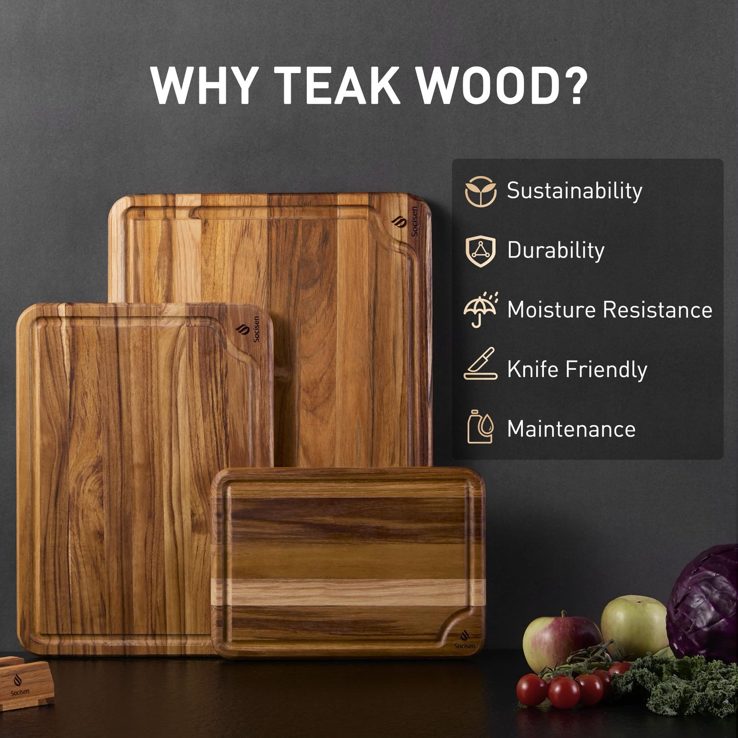 3 Pack Teak Wood Cutting Board Set for Kitchen Charcuterie Board Serving Heavy Duty Non Toxic Slip Over Sink Solid Thick Haus Wooden Chopping Board Large Big Small Meat Best Kitchen Essential Gift