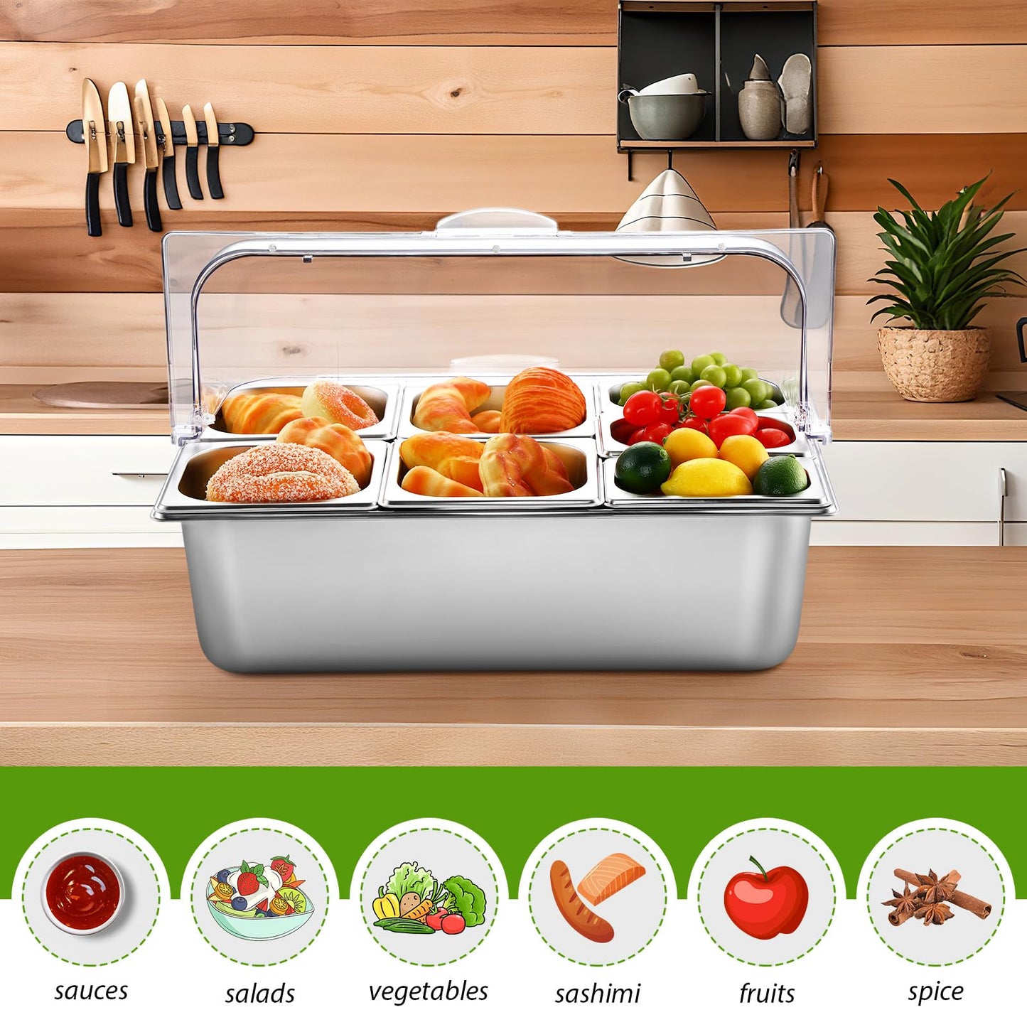 Ziliny Countertop Food Serving Display Container and Clear Roll Top Cover Stainless Steel Food Serving Tray Buffet Condiment Dispenser Display Rack for Restaurant Hotel Kitchen Party (7 Pan)