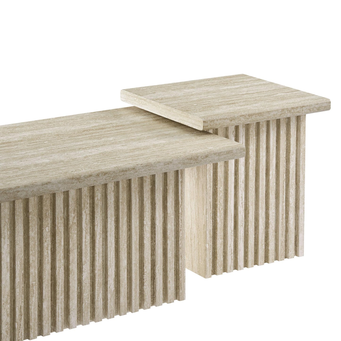 Modway Render Faux Travertine Slatted Nesting Coffee Table Set in Travertine - 2 Piece Low Profile Coffee Table Mid Century Modern - Abstract Coffee Tables for Living Room - Nested Accent Tables