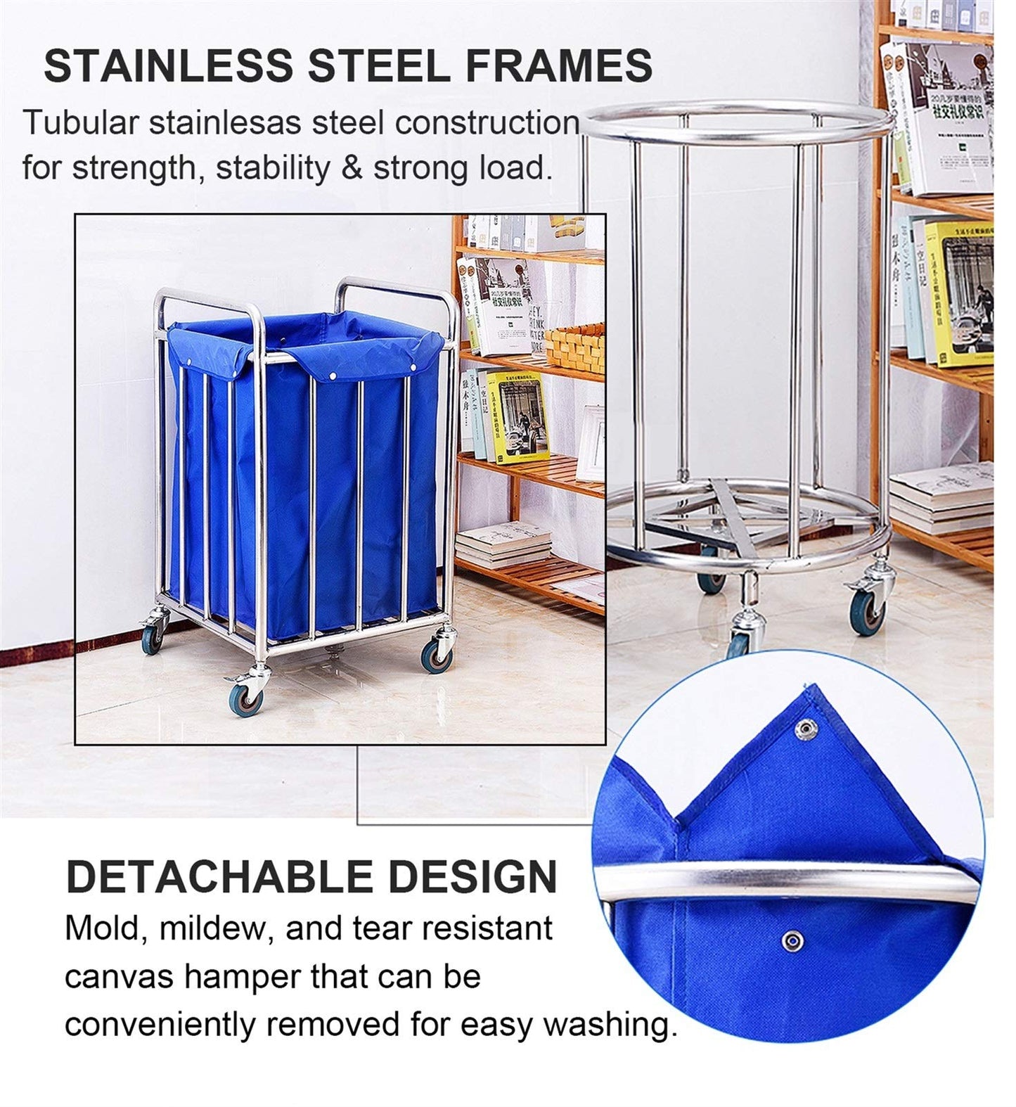 Beauty Salon Cart Trolley Square Laundry Sorter Cart with Handle Commercial Rolling Laundry Sorter Cart Blue Heavy Duty Canvas Hamper for Hotel Trolleys