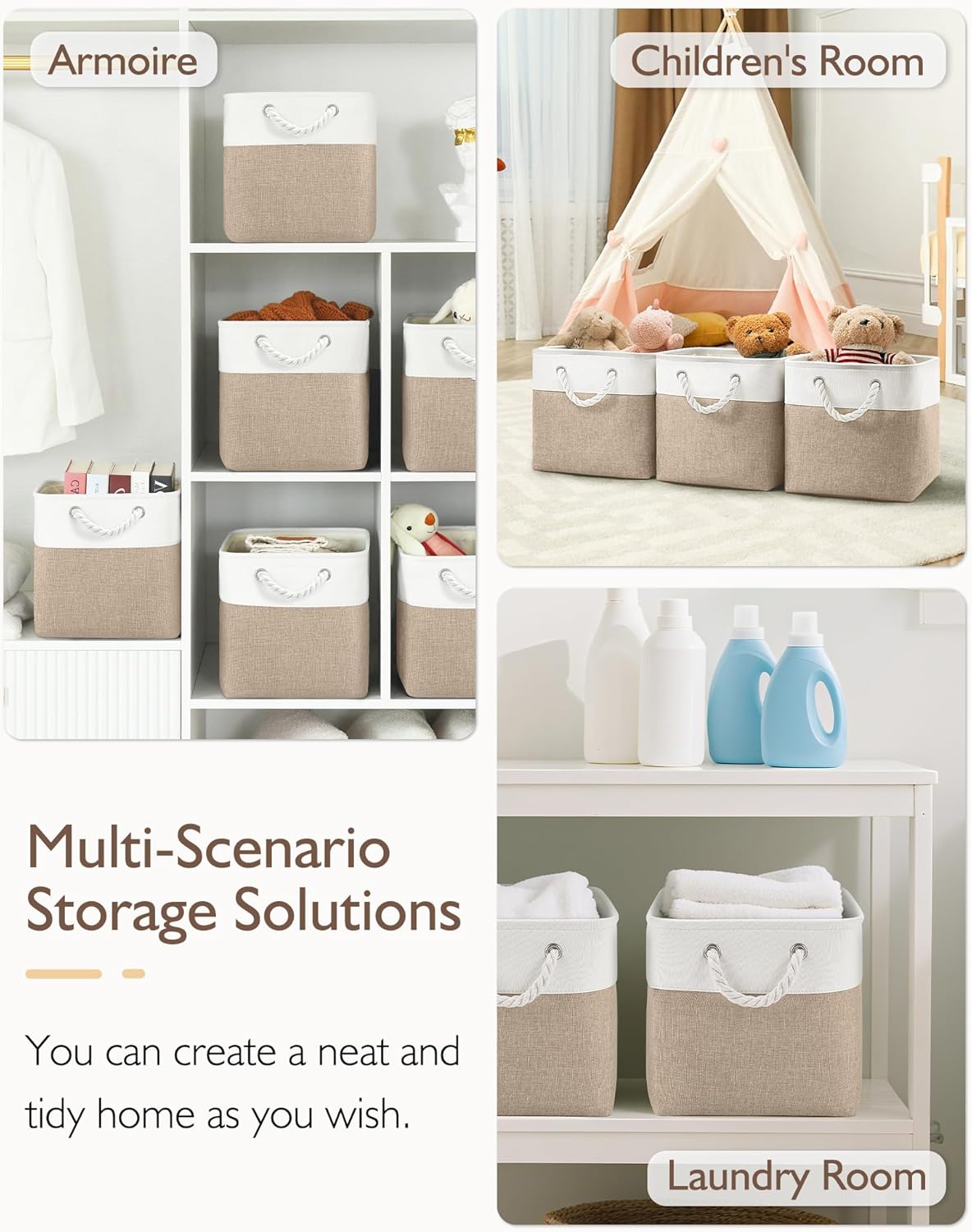 Patvingot 11-Inch Fabric Storage Bins - 6-Pack Organizer Cubes with Rope Handles for Home & Closet | White/Khaki