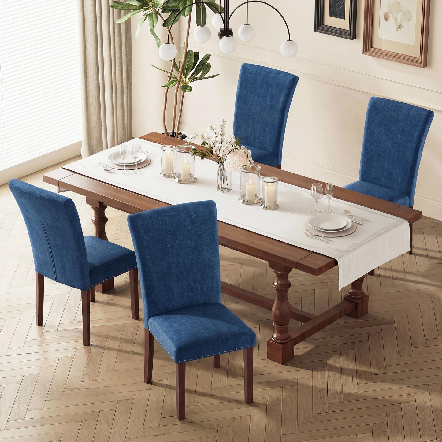 MALOL High Back Dining Chairs Set of 6, Upholstered Dining Room Chair with Wood Legs and Nailhead Trim, Modern Padded Kitchen Chairs for Dining Room/Restaurant, Dark Blue