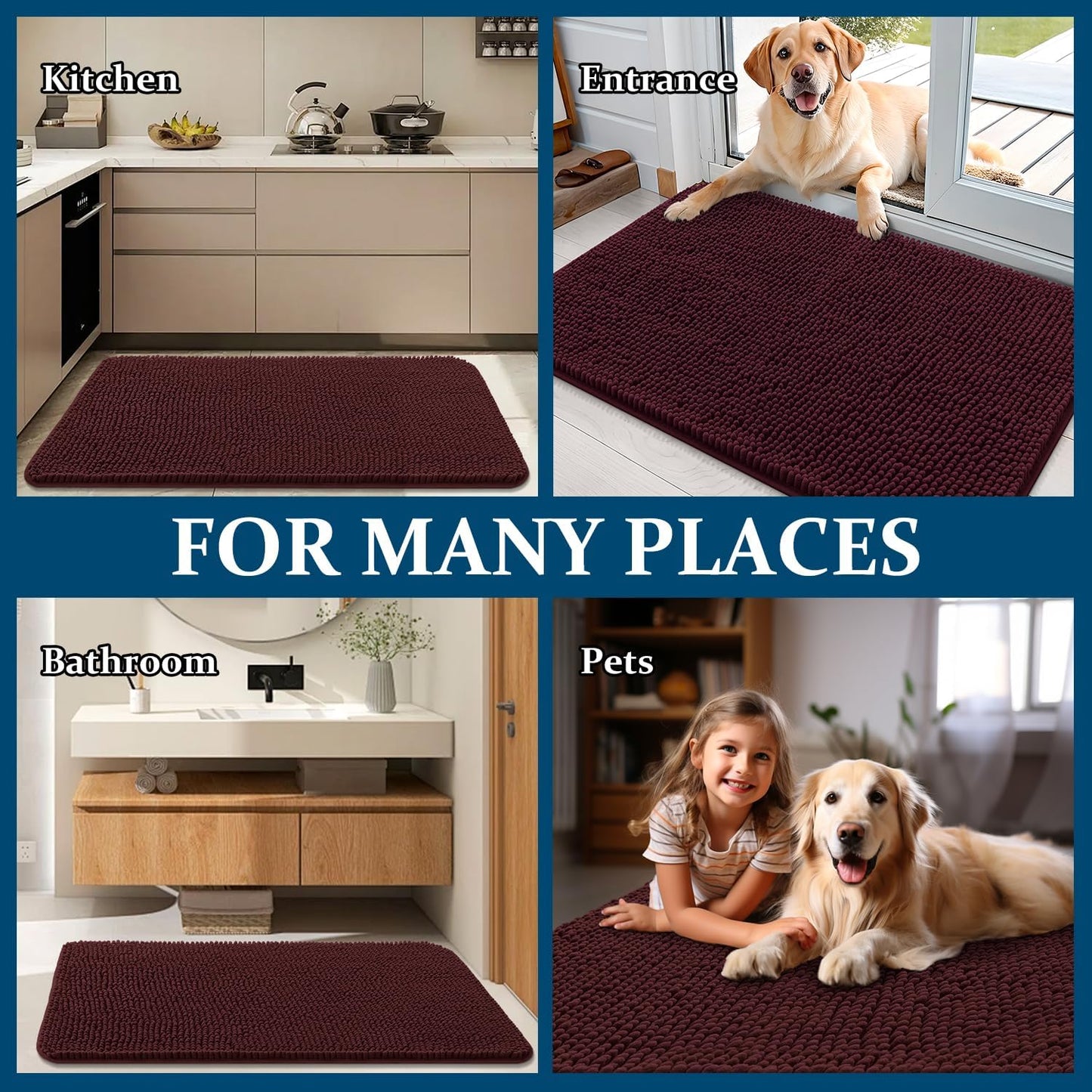 OLANLY Dog Door Mat - Absorbent Non-Slip Chenille Mat for Muddy Paws | 35x24 Inches, Quick Dry, Russet