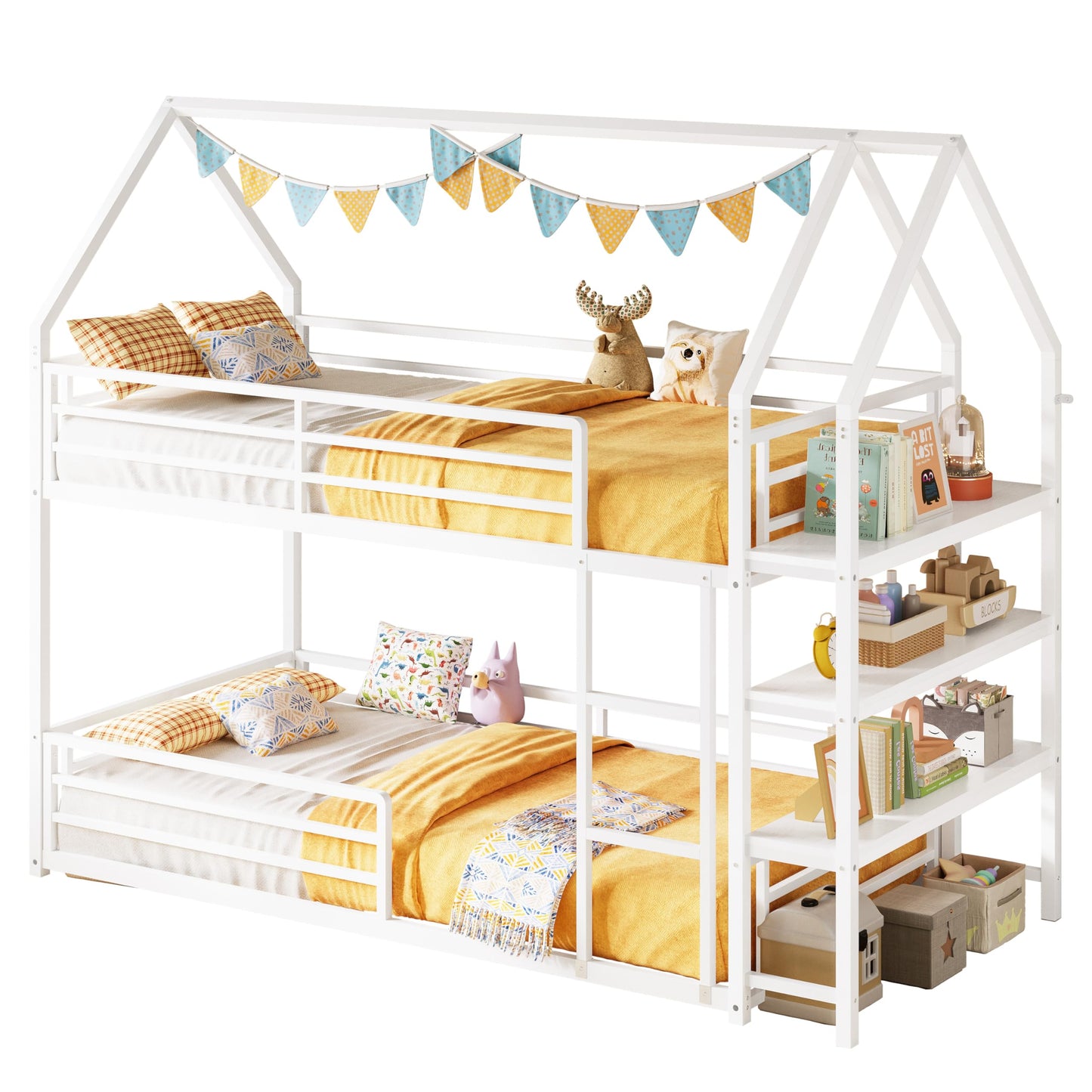 LIKIMIO Bunk Bed Twin Over Twin, Twin Bunk Beds Frame with 3-Tier Storage Bookshelf, Metal Twin House Bed Ladder and Safety Guardrail, Space Saving for Apartment or Dorm, No Box Spring Needed, White