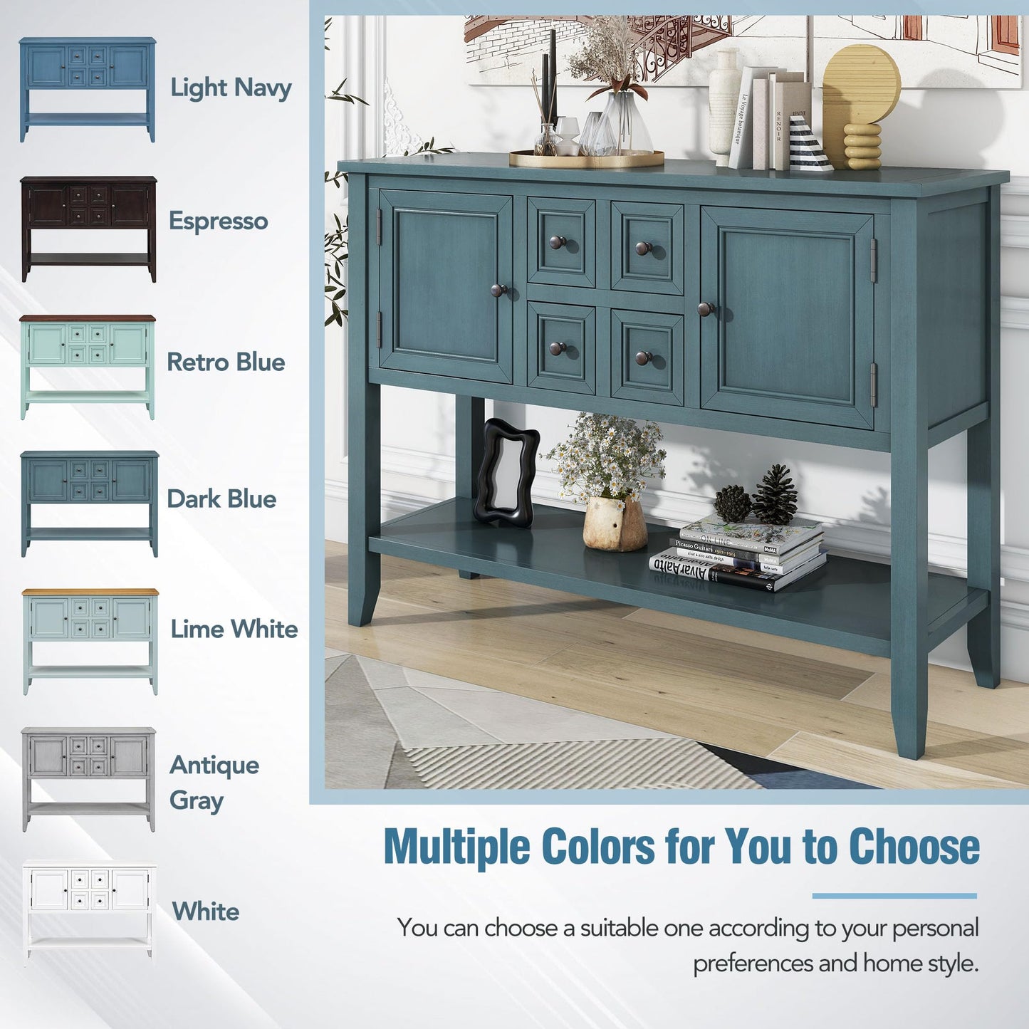Merax Wood Farmhouse Buffet Table with Storage Shelf, 2 Drawers and Cabinets Buffet Coffee Bar Cabinet for Living Room Dinning Room Kitchen (Dark Blue)