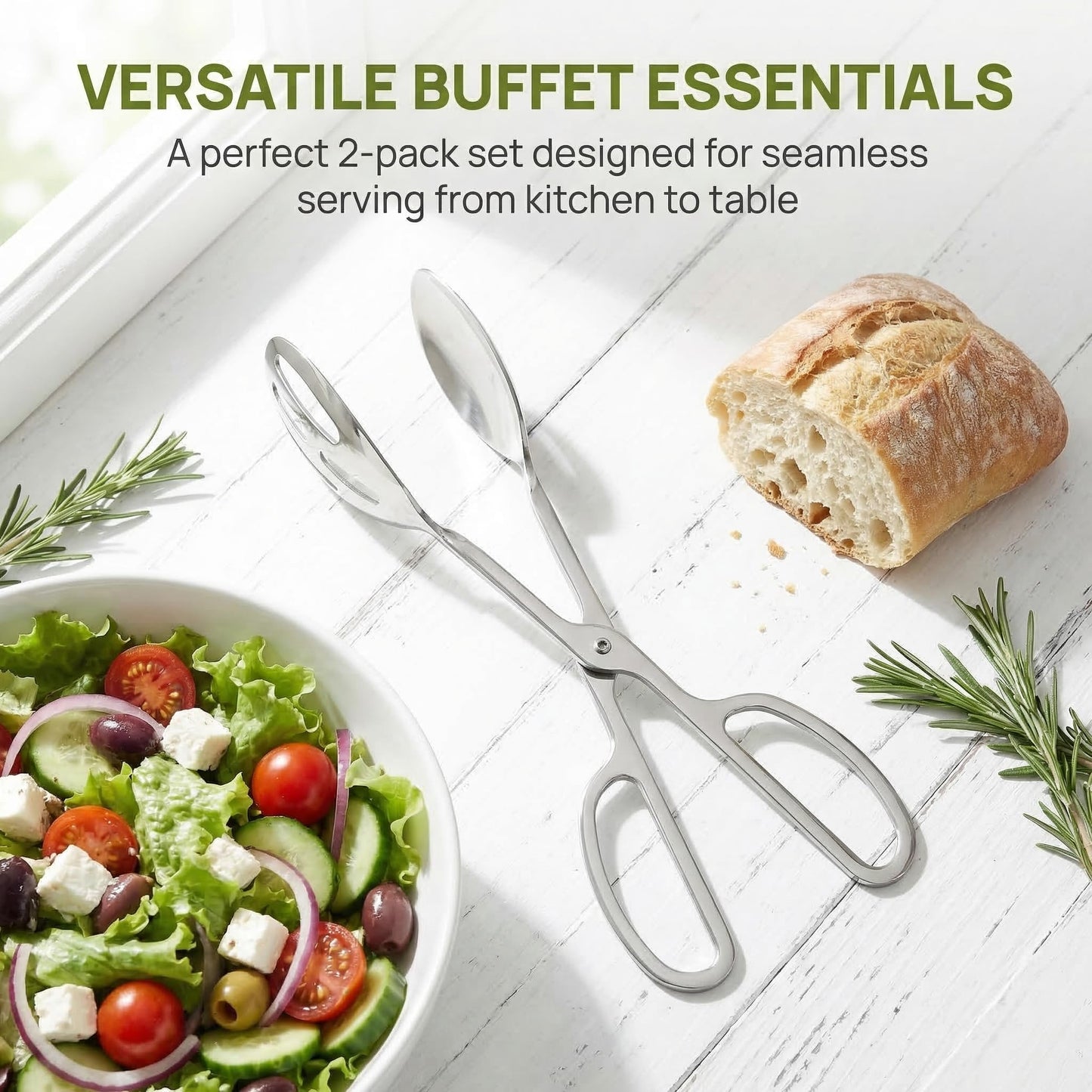 Jucoan 2 Pack Buffet Tongs Salad Tong, 10 Inch Stainless Steel Food Serving Bread Tongs with Scissor Handles for Kitchen, Party