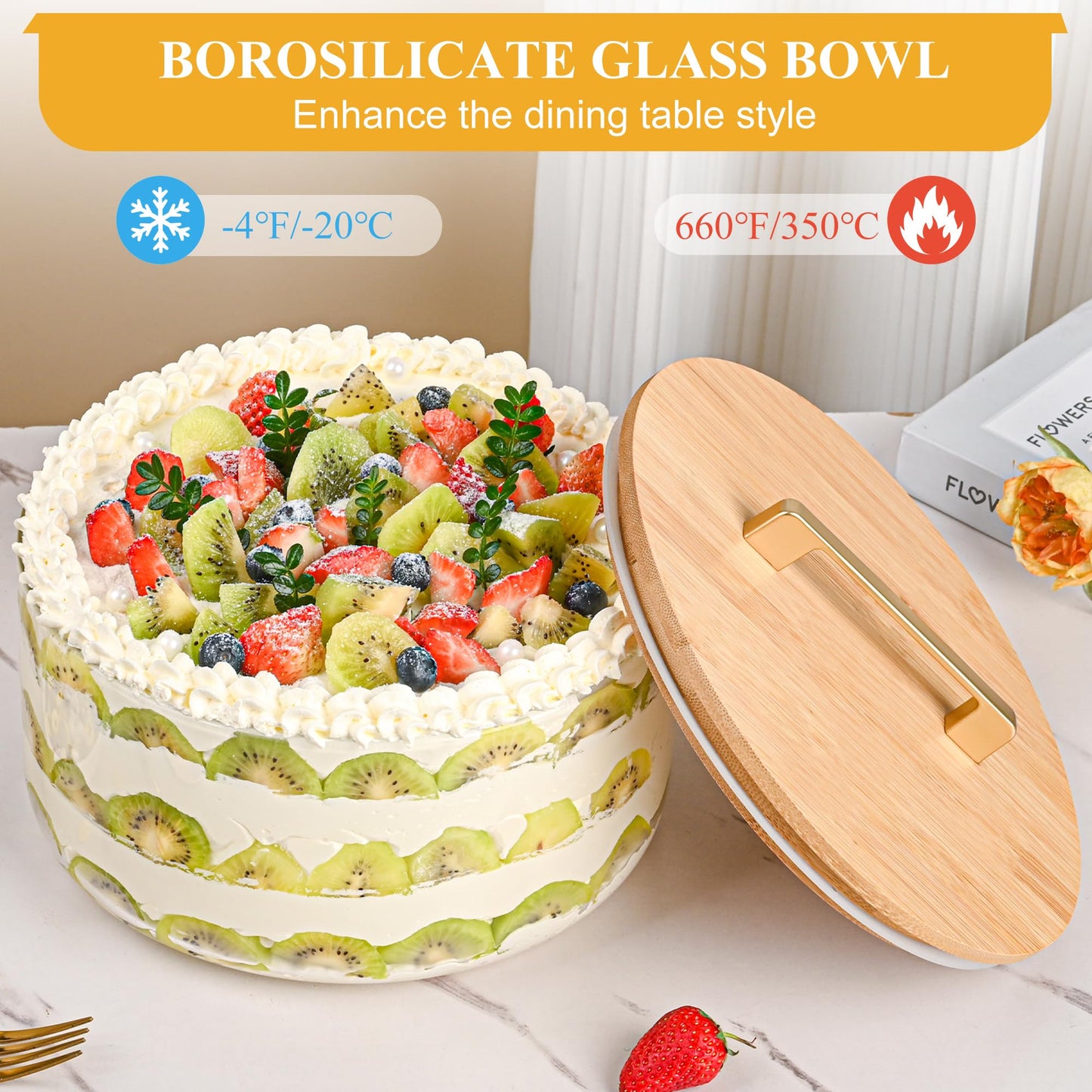 Soumeclu Glass Trifle Bowl with Airtight Lid, 197oz Large Salad Bowl, Glass Serving Bowl for Popcorn, Cake, Salad, Fruit, Baking, Dessert and Party Diy, BPA Free, Oven, Dishwasher Safe
