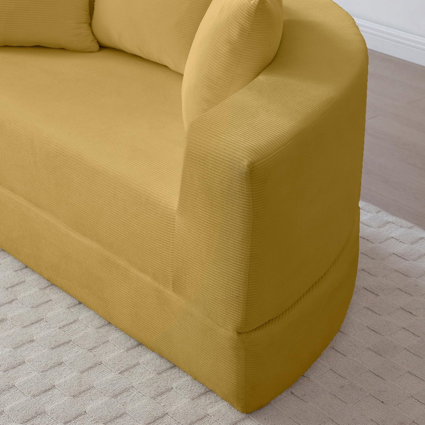 UOCFYK Folding Sofa Bed, Corduroy Circular Boneless Couch, No Assembly Convertible Sleeper Sofa with 3 Pillow, Comfy Futon Sofa Bed for Apartment, Office, Bedroom, Living Room, Yellow