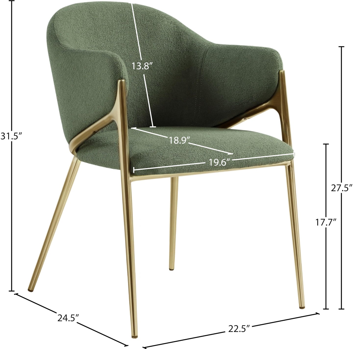 Meridian Furniture 559Green-C Nial Collection Modern | Contemporary Dining Chair with Rich Green Boucle Fabric, Iron Frame in Brushed Brass Finish, 22.5" W x 24.5" D x 31.5" H, Green, Set of 2