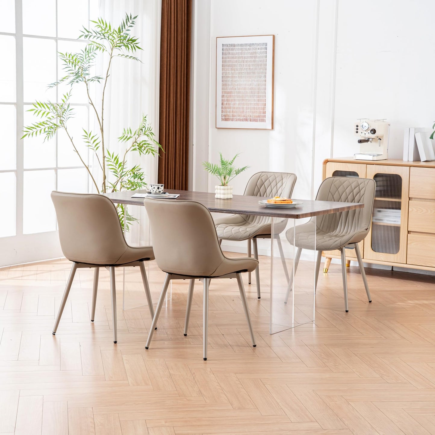 YOUNIKE Faux Leather Dining Chairs Set of 2 Mid-Century Modern High Padded Back Comfy Upholstered Kitchen Chairs with Metal Legs Wide Seat Accent Side Chair for Dining/Living/Waiting Room Khaki
