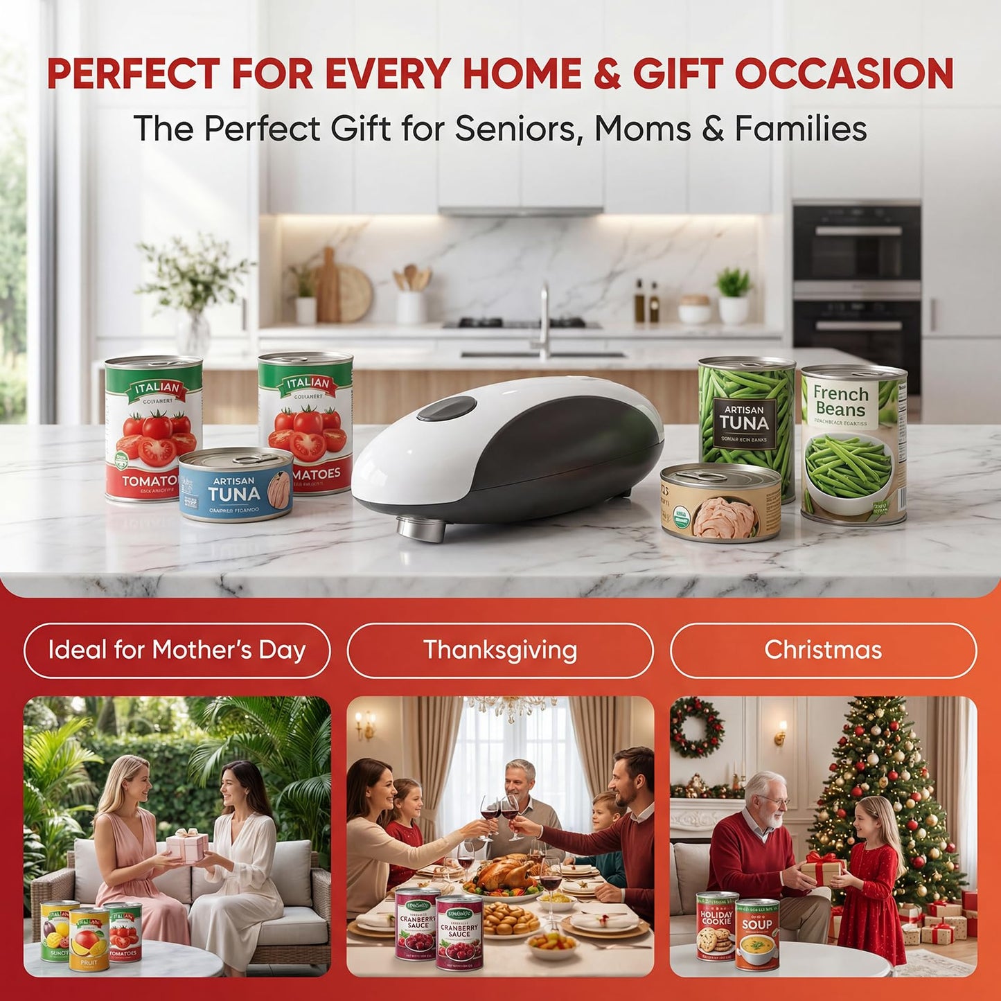 Electric Can Opener, Automatic One-Touch Hands-Free, Smooth-Edge Rechargeable Can Opener for All Can Sizes — Fast Side-Cut Opening, Safe & Easy for Seniors/Arthritis — Compact Kitchen Gadget