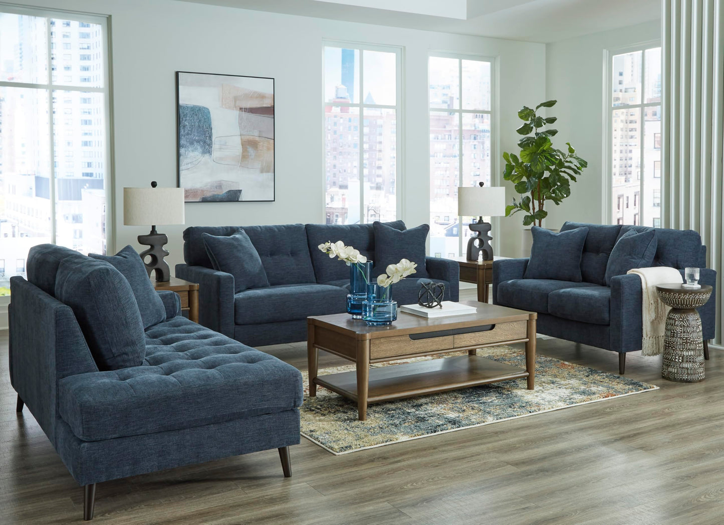 Signature Design By Ashley Bixler Classic Tufted Right-arm Facing Corner Chaise with Tapered Legs and Removable Cushions, Blue