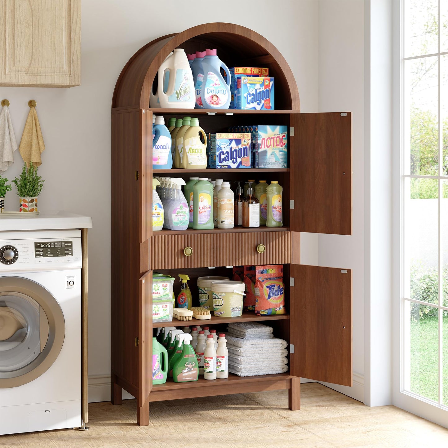 Apicizon 70" Tall Arched Kitchen Pantry Cabinet, 6-Tier Modern Fluted Wood Storage Cabinet with Doors Drawer & Adjustable Shelves, Farmhouse Cupboard Organizer for Dining Room, Bathroom, Walnut