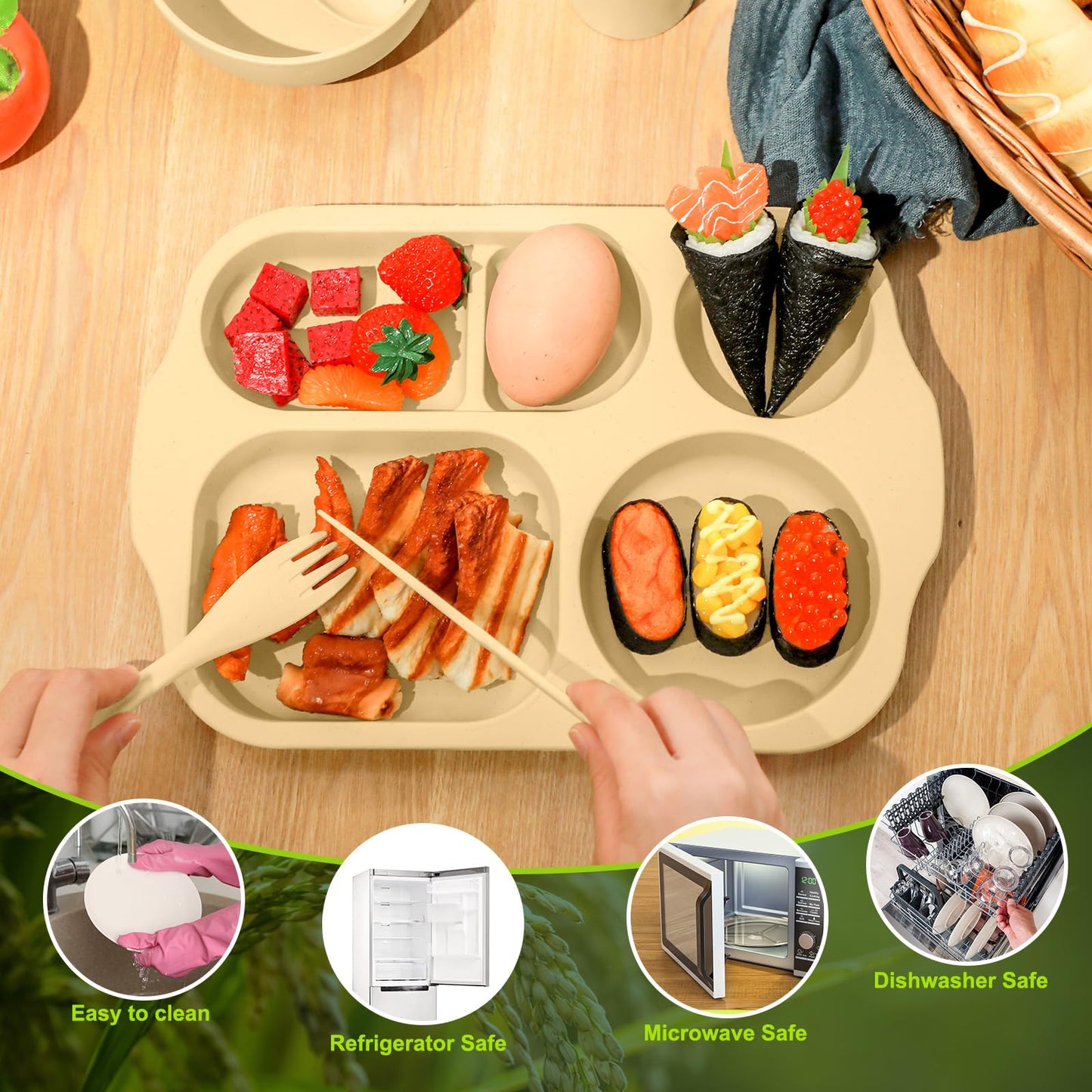 24 Pcs Wheat Straw Dinnerware Cutlery Set for Adult Including Divided Plates Microwave Dishwasher Safe Bowl Unbreakable Tableware Straw Cutlery Spoon Knife Fork(Light Color)