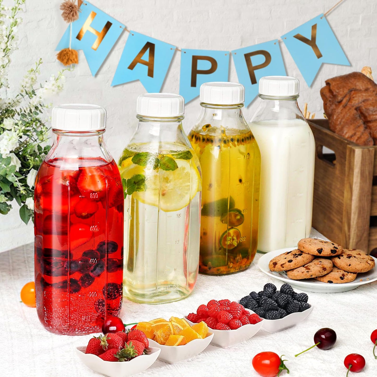 4 Pack 1 Liter Glass Milk Bottles w Scale, 100% Airtight Heavy Duty Screw Lid - 32 Oz Drinking Jars w 2 Pour Spouts - Glass Bottles for Milk, Honey, Jam, Creamer - Dishwasher Safe(Extra 2 Lids)