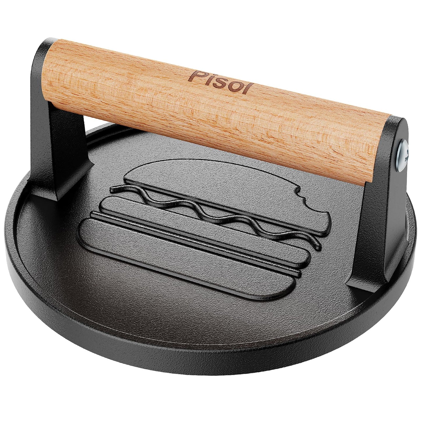 Pisol Smash Burger Press, Pre-Seasoned Cast Iron Hamburger Smasher, 2 lb Heavy-Duty Grill Bacon Meat Press Tool with Wood Handle, 6.6”