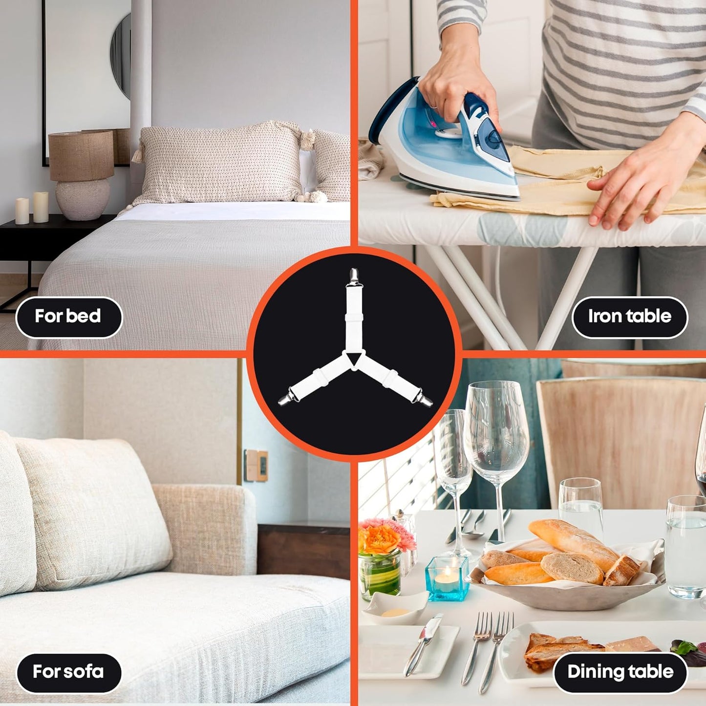 5 STARS UNITED Bed Sheet Straps Set | Adjustable Elastic Fasteners with Metal Clips | Sheet Holders for Corners |