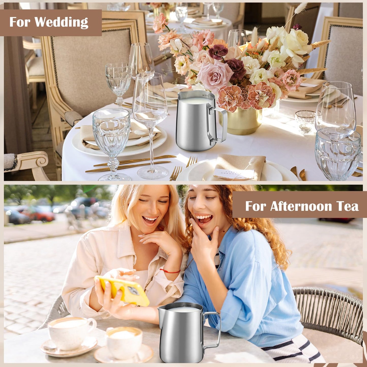 Honeydak 2 Pcs Milk Frothing Pitcher 304 Stainless Steel Steaming Pitchers for Coffee Bar Cappuccino Barista Tools Milk Jug Steamer Frother Cup (12 oz)