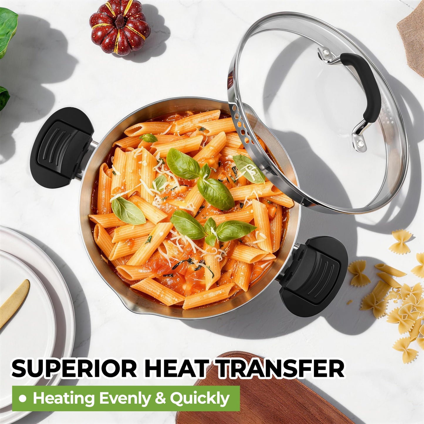 E-far Pasta Pot with Strainer Lid, 6 Quart Tri-Ply Stainless Steel Stock Pot & Push and Lock Handles, Non-toxic Multipurpose Cooking Pot for All Cooktops, Heavy Duty & Dishwasher Safe