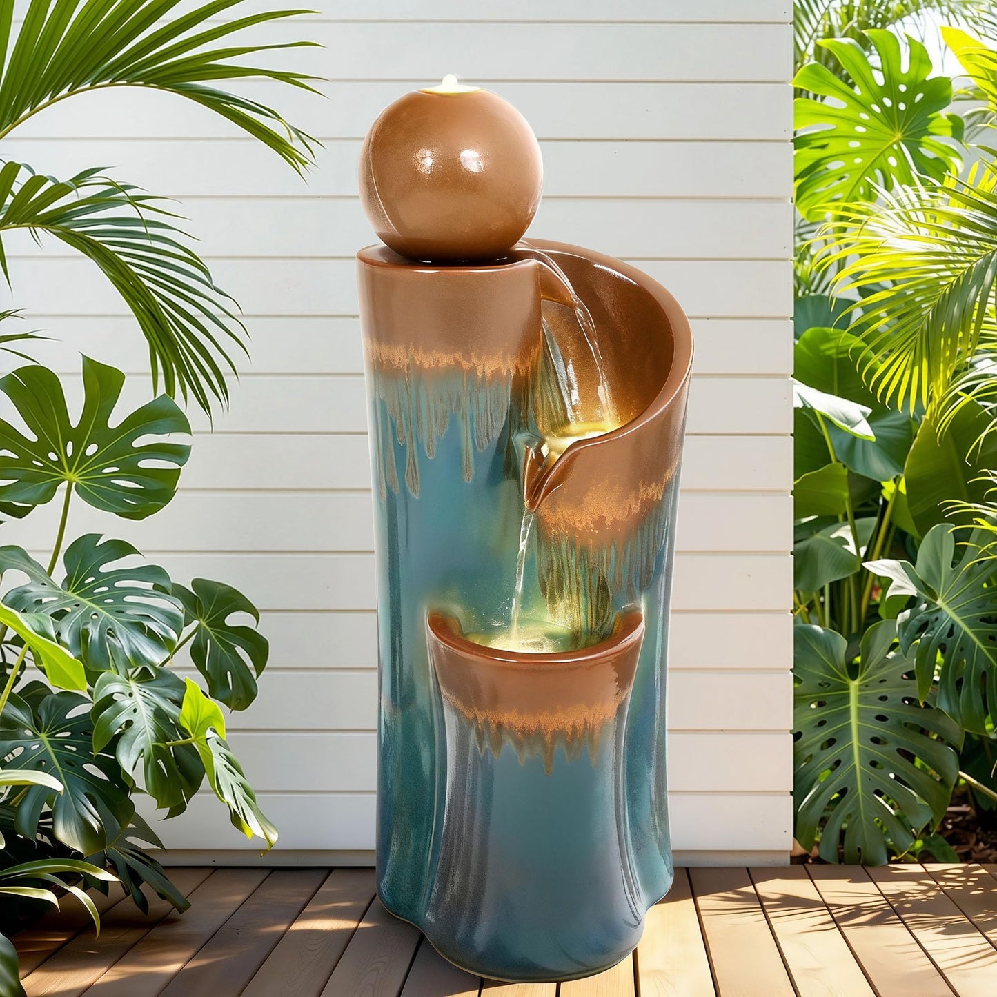 Ultym 32" H Ceramic Outdoor Water Fountain with LED Lights, 3-Tier Cascading Sphere Water Feature, Tranquil Waterfall for Relaxing Garden, Patio, Yard, or Porch, Teal & Copper Drip-Glaze Finish