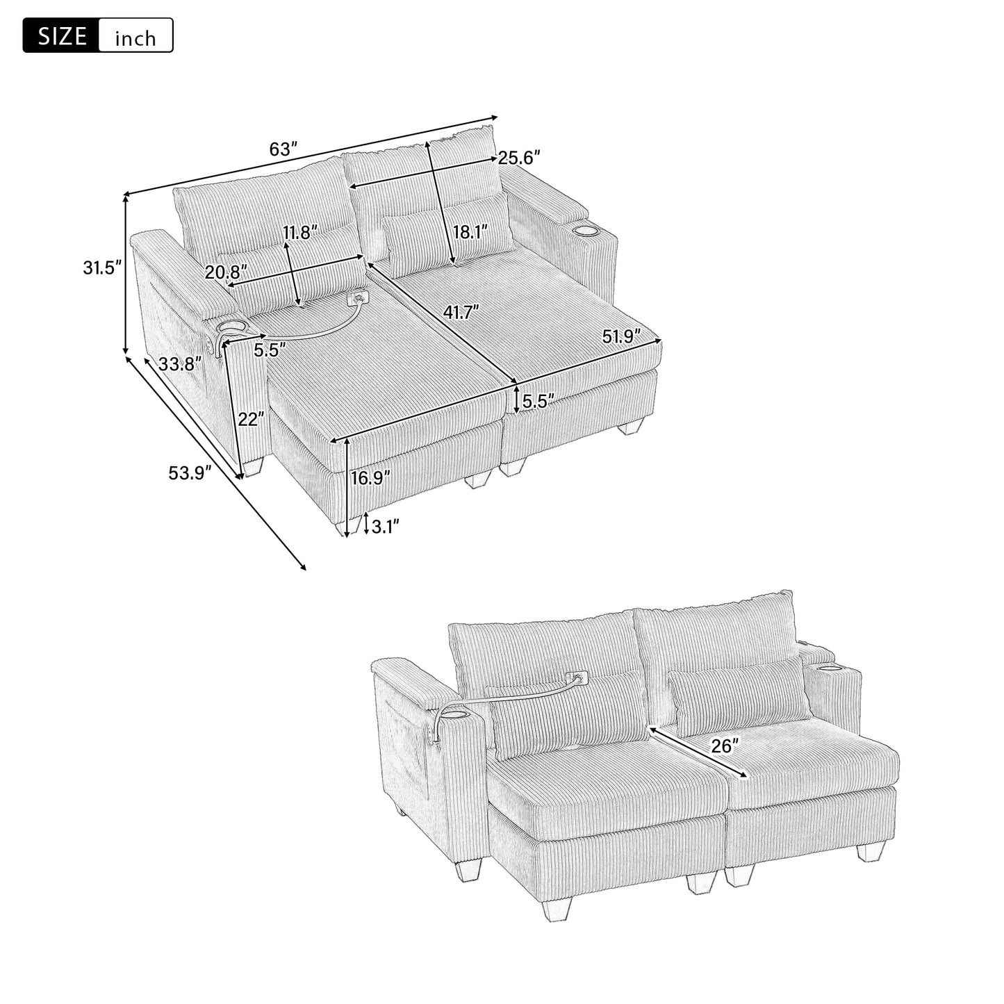 Merax Modern 63" Convertible Chaise Lounge with USB Ports, Phone & Cup Holders, Corduroy Upholstered Sleeper Sofa Bed, Recliner Loveseat with Pillows & Ample Storage Space for Living Room,Brown