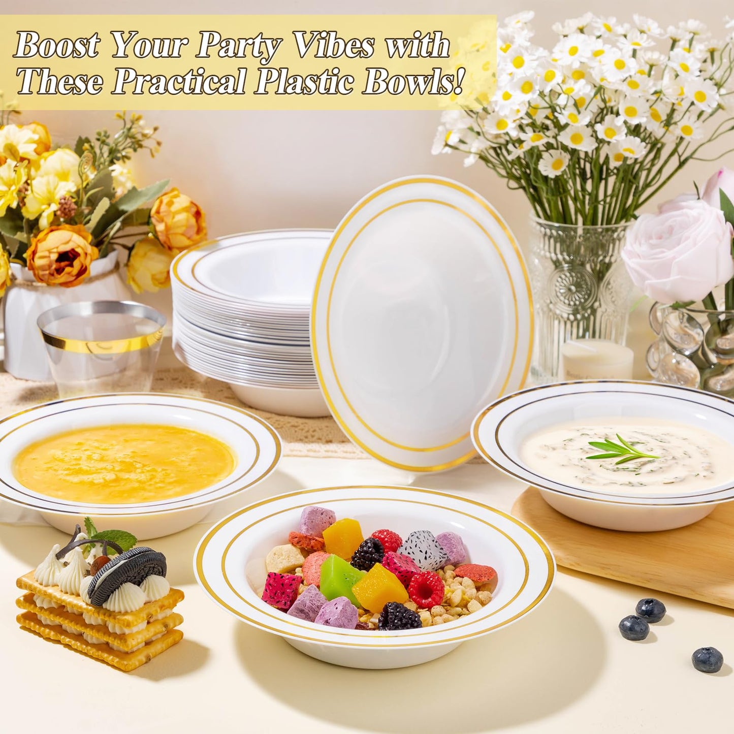 BESTSTAR 50 Pack Disposable Soup Bowls with Gold Rim, 12oz Premium Heavy Duty Plastic Dinner Bowls for Party, Wedding and Holiday