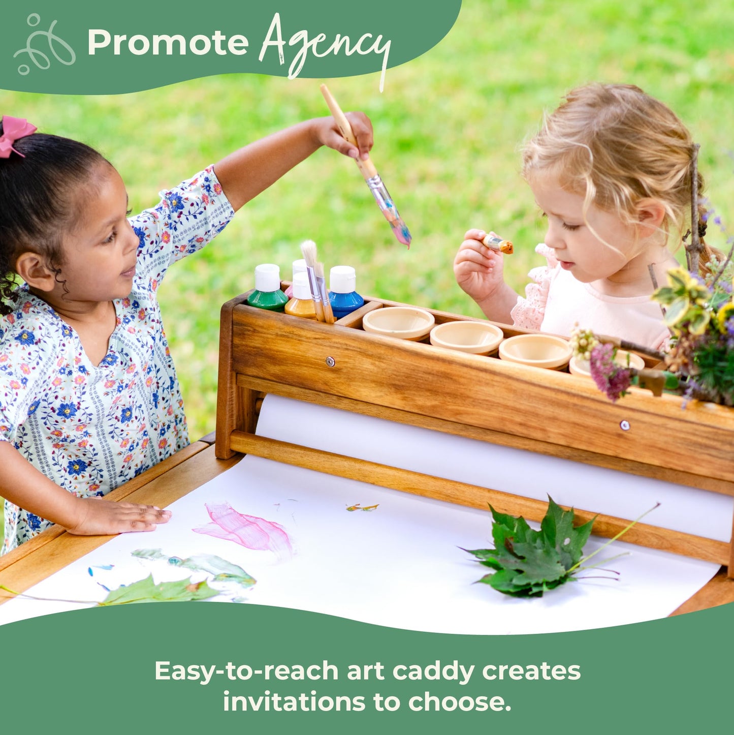 Guidecraft Acadia Outdoor Art Table and Stool Set: Kids Acacia Wood Arts and Crafts Table w/ 2 Chairs, Mobile Storage Paper Roll, and Paint Cups for Drawing, Painting and Toddler Picnic Activities