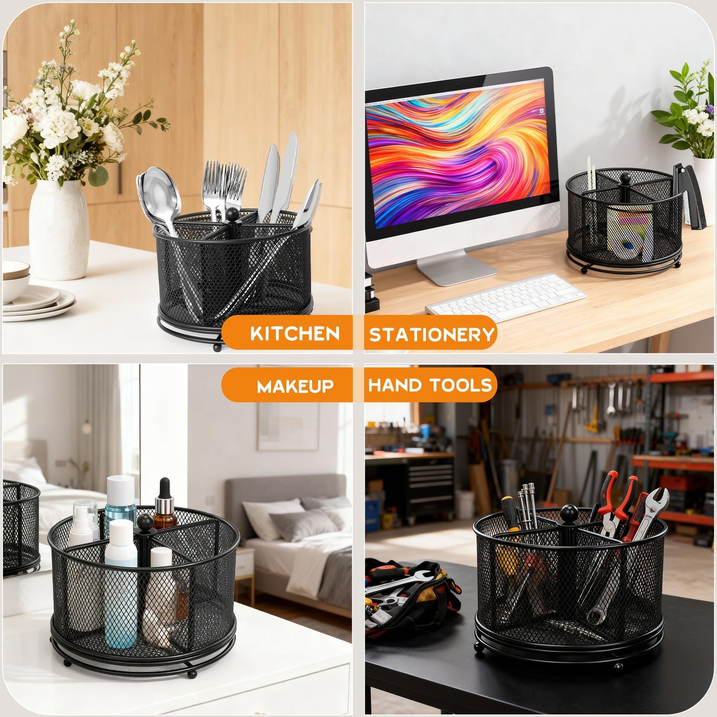 Fylsyd 360° Rotating Metal Utensil Caddy, 4 Compartment Silverware Cutlery Holder, Effortless Access Fork Spoon, Silverware Holder for Party Countertop Buffet Picnic Camping Outdoor (Black)