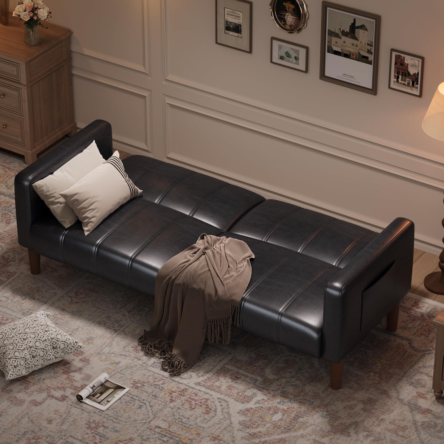 75 in Futon Sofa Bed, Faux Leather Convertible Couch with Adjustable Backrest, Side Pocket, Mid Century Modern Loveseat Sleeper Sofa for Living Room, Bedroom, Apartment, Small Spaces, Black