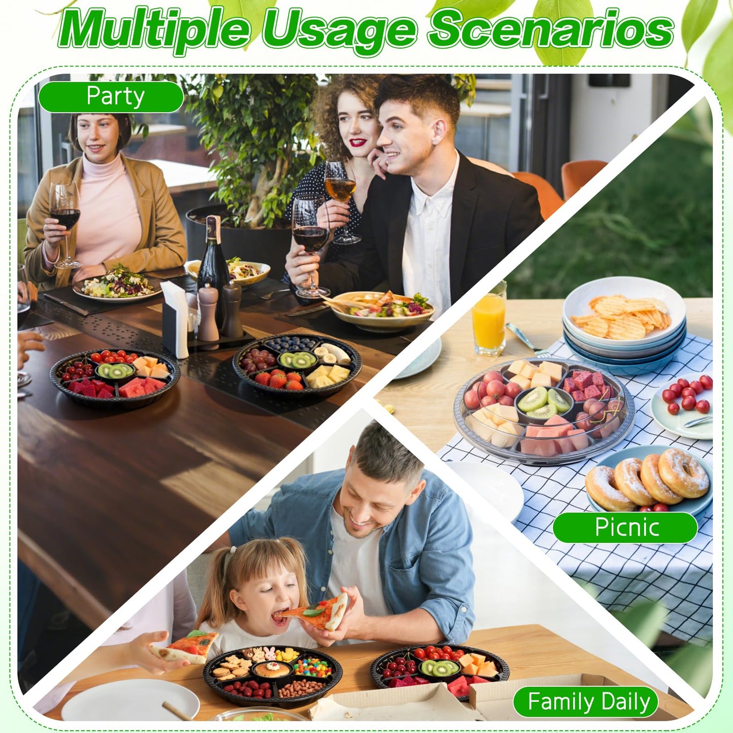 mwellewm 10 Pcs Round Plastic Appetizer Tray with Lid Divided Serving Tray, Disposable Food Storage Containers, Plastic Tray Storage, Kids Snack, Fruit Platter Vegetable Trays for Party and Buffet