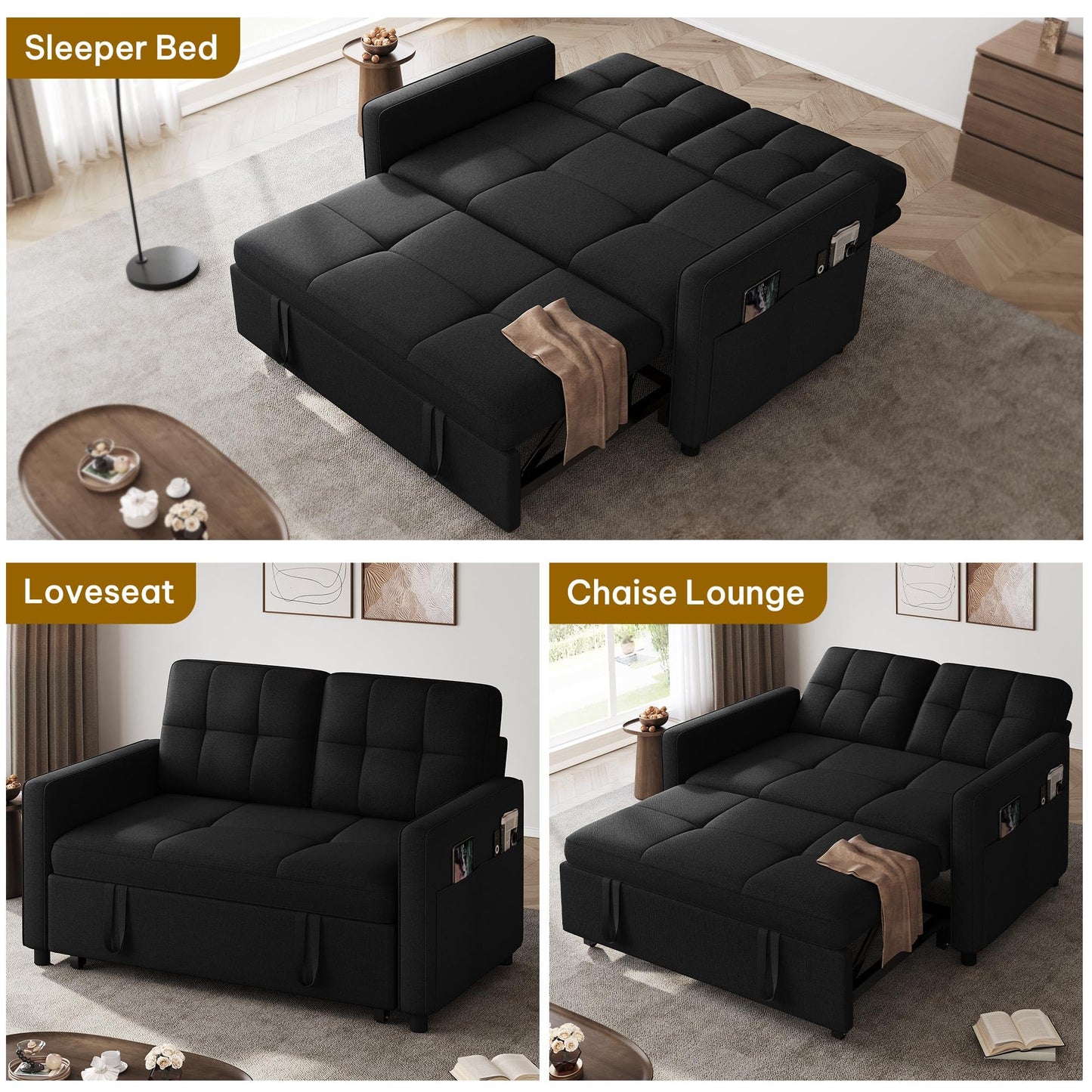 DWVO 55" Convertible Sofa Bed, 3-in-1 Sleeper Sofa with Pull-Out Bed, Linen Futon Couch with Adjustable Backrest and Side Pocket, Modern Loveseat for Living Room Apartment, Balck