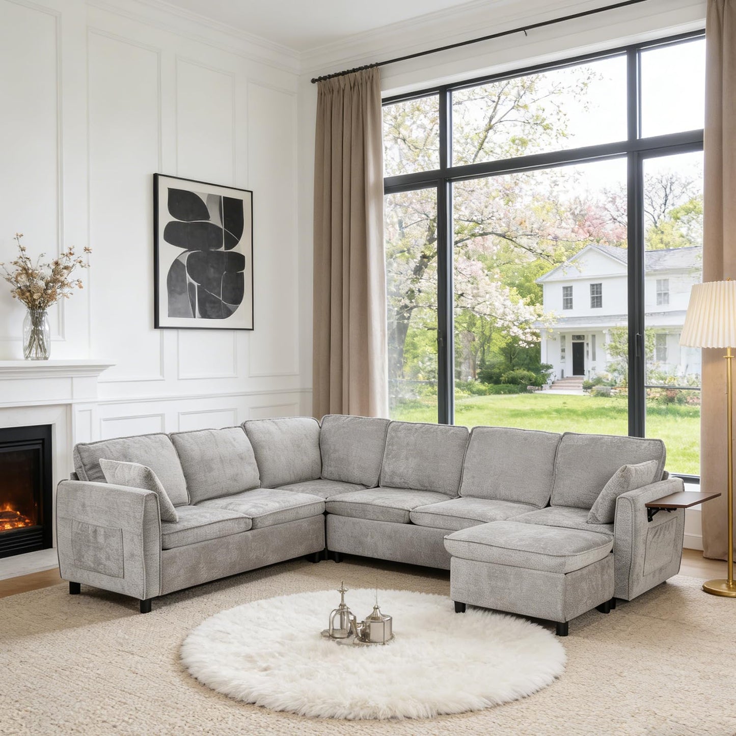 Modular Sectional Sleeper Sofa with Pull Out Bed, 116" Large U Shaped 7 Seater Sectional Couches with Ottoman, Charging Port & Foldable Side Table, Comfy Chenille Cloud Sofas for Living Room, Grey