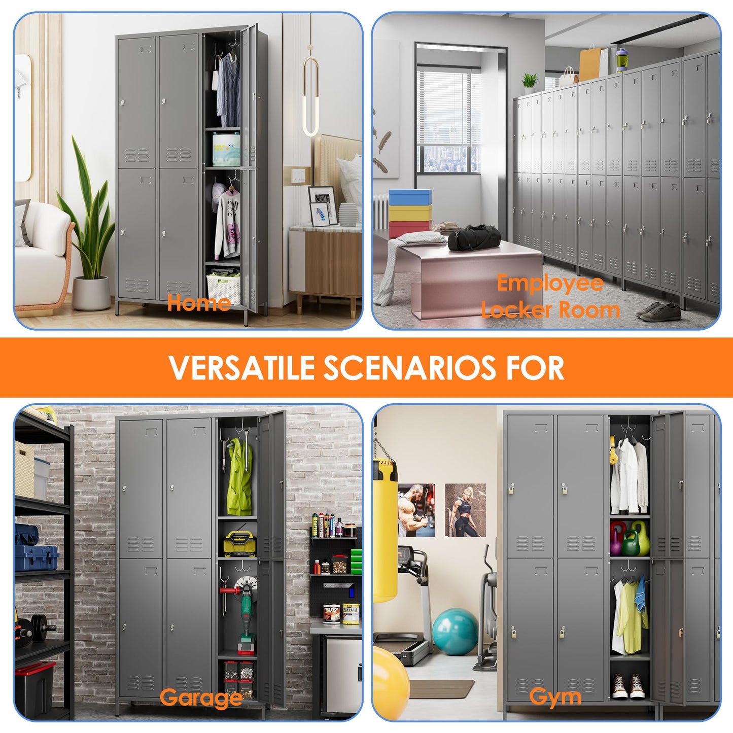 6 Door Metal Storage Locker for Employees,Heavy Duty Steel School Locker with Adjustable Shelves and 18 Hooks,Metal Lockers for Office,Gym,Home,72"H x 35.4"W x 15.75"D,Dark Grey,Assembly Required