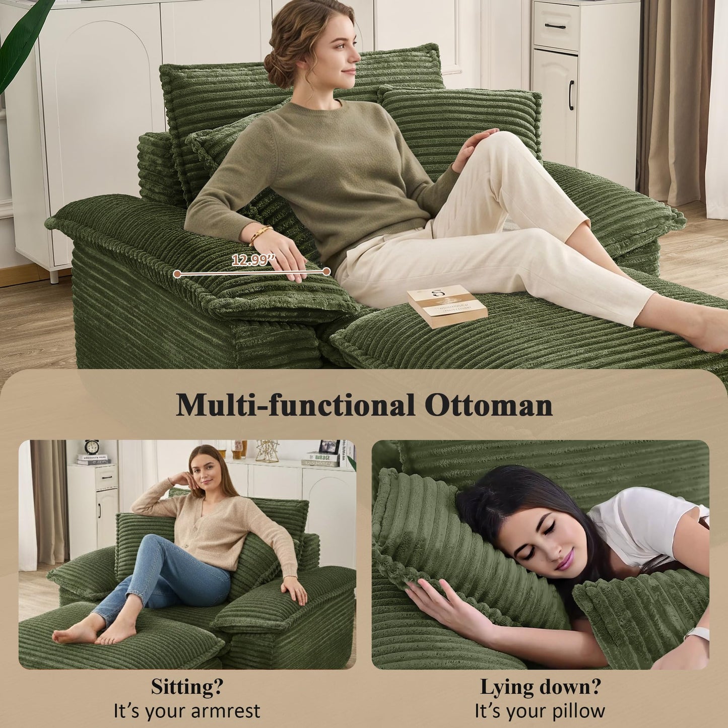 KEIKI 63" Oversized Lounge Sofa Chair with Ottoman, Deep Seat Cloud Couch Bed, Modular 1-Seater Sectional Sleeper Sofa, No Assembly Corduroy Couch for Reading Nook & Cozy Corner