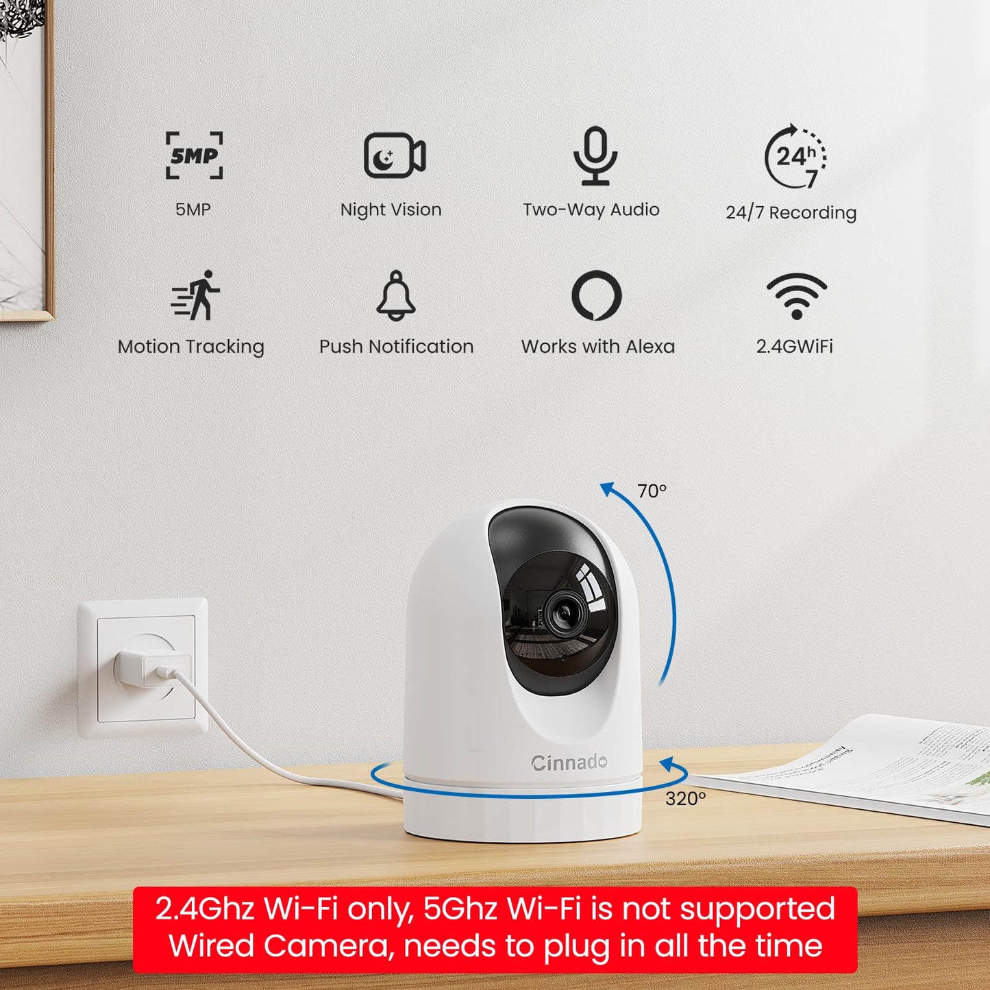 Cinnado Security Camera Indoor-2K 360° WiFi Cameras for Home Security,Pet/Dog/Baby Camera with Phone app, 2-Way Audio, Night Vision, 24/7 SD Card Storage, Works with Alexa & Google Home (2.4Ghz)-D1