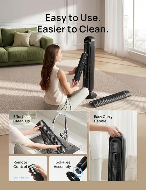DREO Tower Fan - Ultra Quiet Bladeless Design with 8 Speeds & 90ยฐ Oscillation | High Velocity 28ft/s, Black