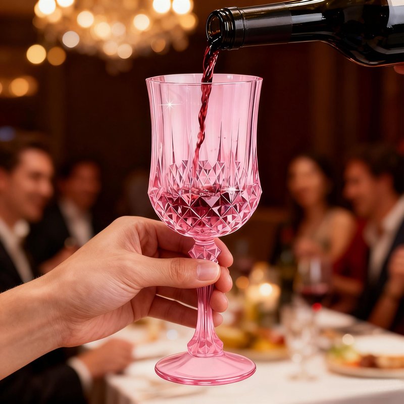 JUSONEY 7oz Vintage-Inspired Plastic Wine Glasses | 48-Piece Crystal Textured Plastic Goblets,Disposable Wine Glasses for Weddings, Parties & Elegant Events(48-Pink)
