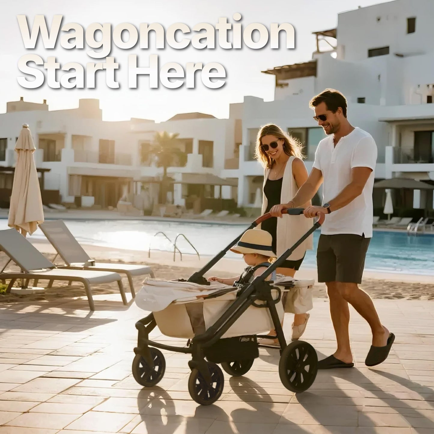 Wagon Stroller for 2 Kids, All-Terrain with Removable UV-Protection Canopy, Adjustable Push/Pull Handle, Snack Tray & Cup Holders, Perfect for Baby and Toddler(Khaki)