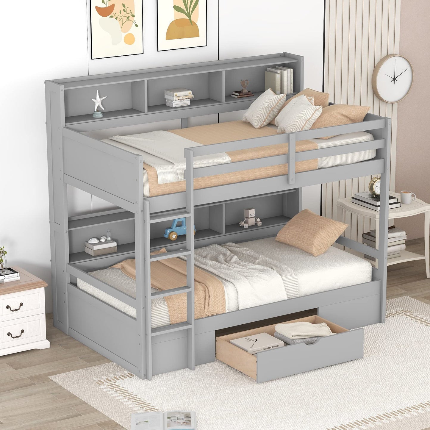 Ball & Cast Twin Over Twin Bunk Bed with Built-in Shelves Beside Both Upper and Down Bed & Storage Drawer, Twin Size Wooden Bunk Bed with Guardrails and Ladder for Kids,Teens,Adult,Gray