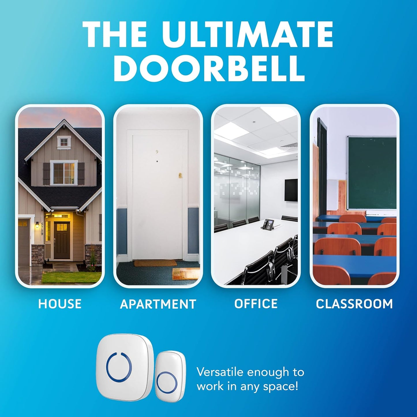 SadoTech Wireless Doorbell for Home - Battery Operated, 1000 Feet, Wireless Door Bell w/LED Flash, 1 push button + 1 receiver, Baby Blue