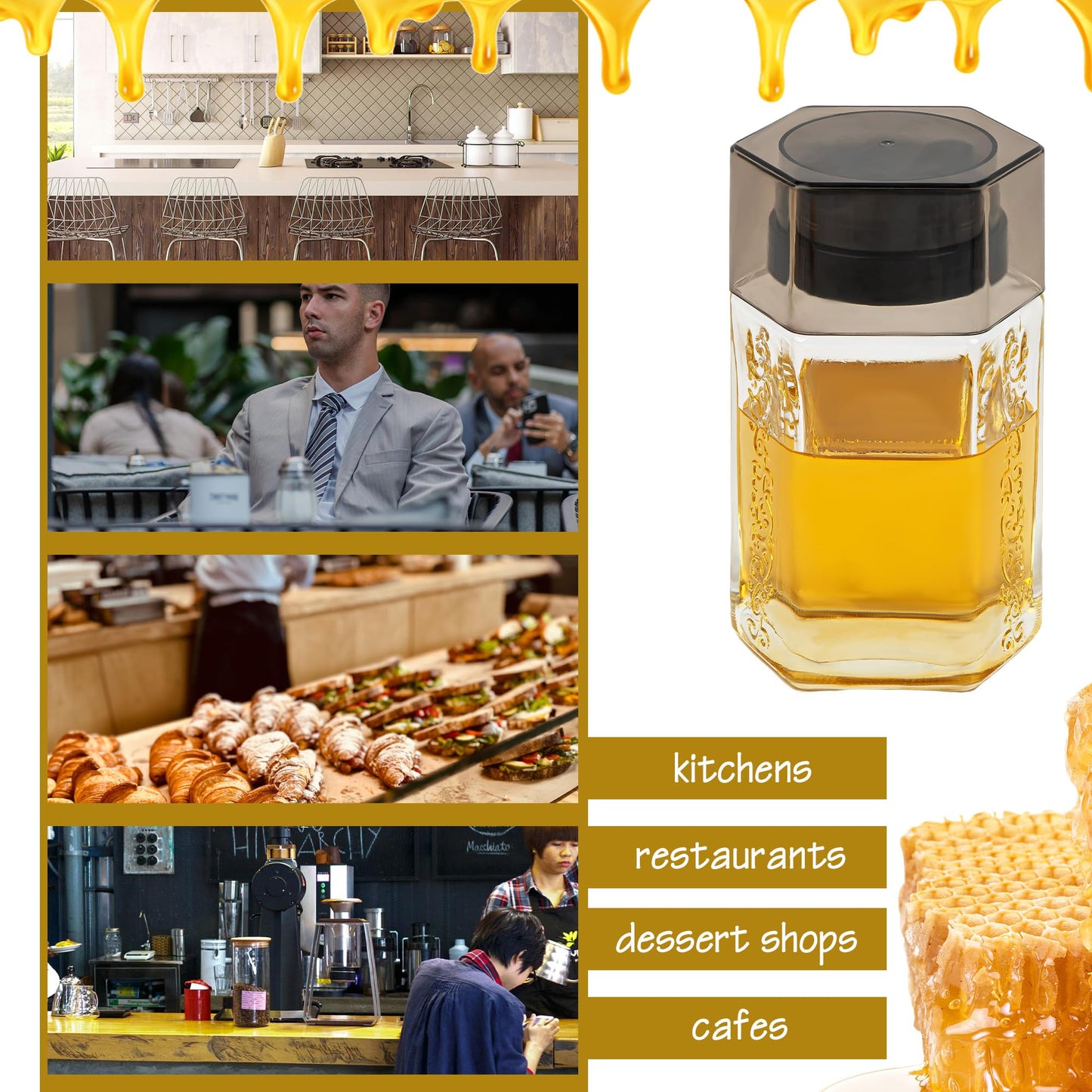 DODAMOUR 2 Pack Glass Honey Dispenser, Hexagonal Syrup Dispenser for Coffee Bar, No-Drip Honey Pot Container with Stand, Oil Vinegar Cruet for Kitchen, Pancakes, Waffles (12oz/360ml)