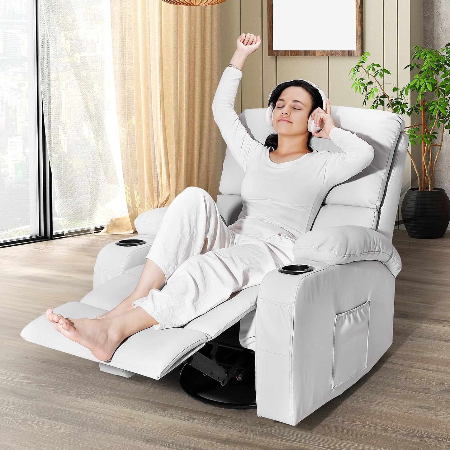LAFWELL Rocking Recliner Chair, Massage Rocker Recliner Chair with Vibration Massage and Heat, USB and Type-C Ports,360° Swivel Faux Leather Chairs, Living Room, Bedroom, Nursery, RV, Light Grey