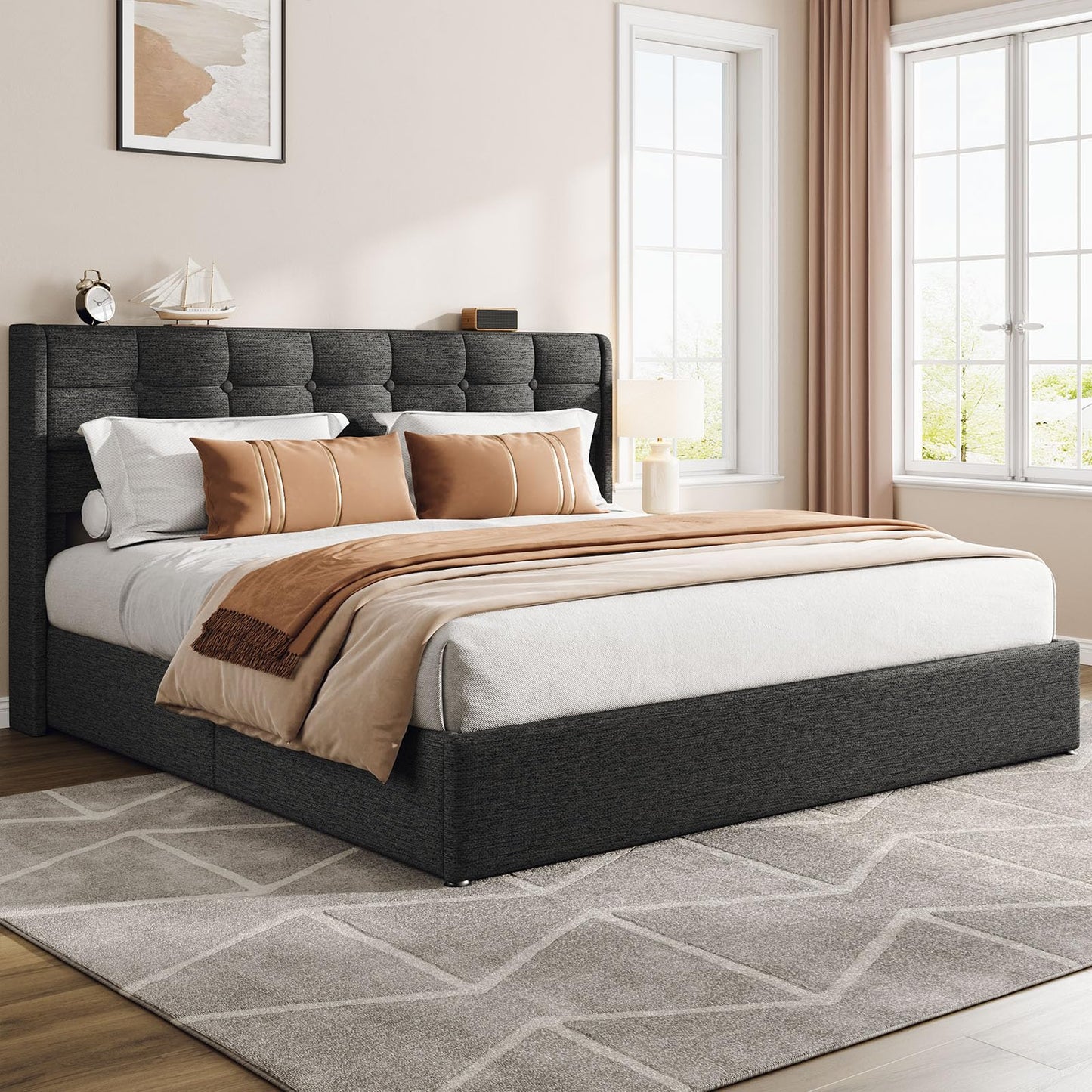 Vinabilia Lift Up King Size Bed Frame with Storage, Upholstered King Bed Frame with Wingback Headboard, No Box Spring Needed, Easy Assembly - Dark Grey