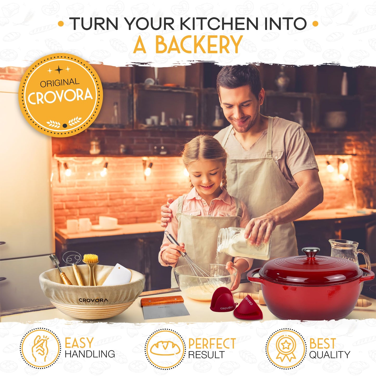 Crovora 6 QT Enameled Cast Iron Dutch Oven for Bread Baking with Lid - Incl. Sourdough Bread Baking Supplies like Banneton Bread Proofing Basket, Cast Iron Bread Oven, Bread Pan, bread making tools