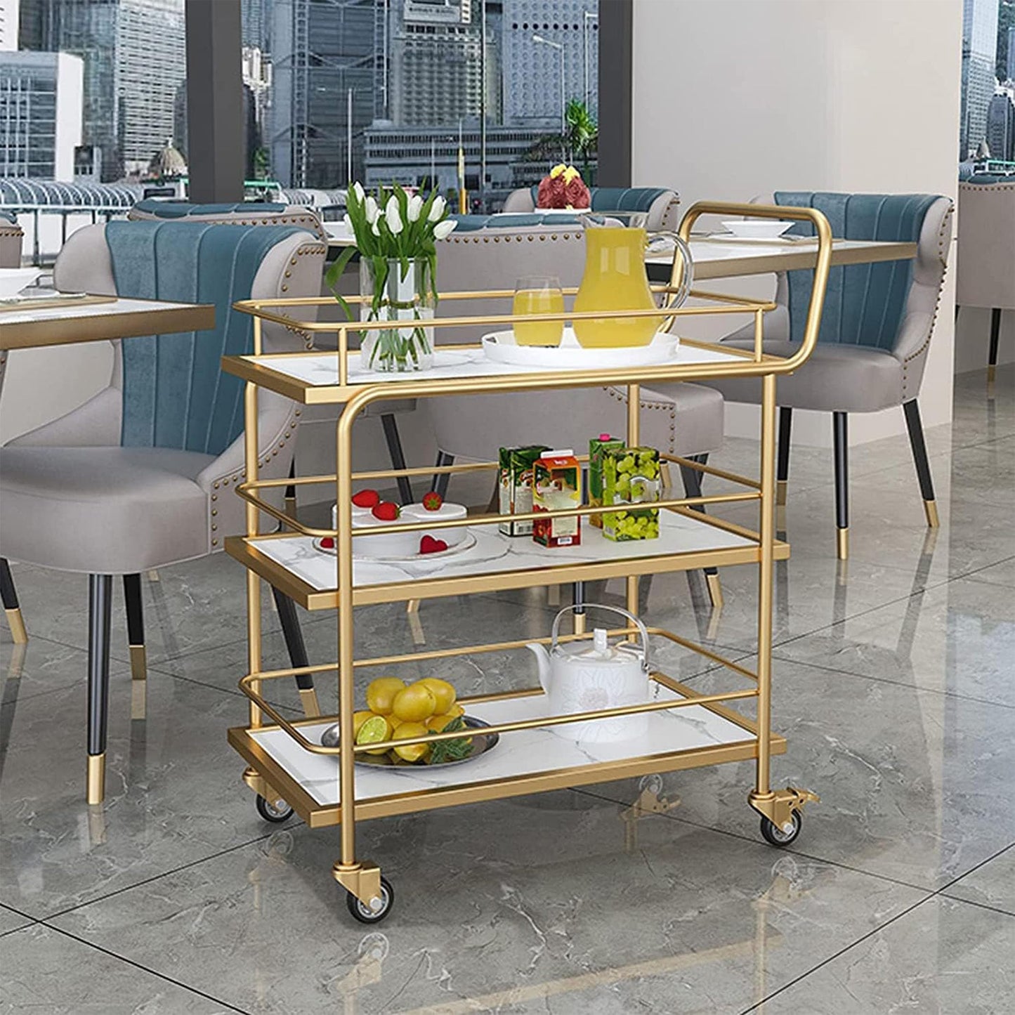 3-Tier Bar Cart with Wheels, Gold Metal Frame with Marble Pattern Shelves, Rolling Serving Trolley with Lockable Casters, Kitchen Living Room Storage Cart, 27x15x34 Inches