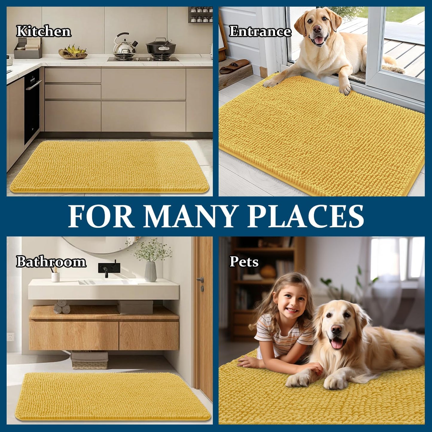 OLANLY Dog Door Mat - Absorbent Non-Slip Washable Doormat for Muddy Paws | 47x24 Yellow Chenille Mat