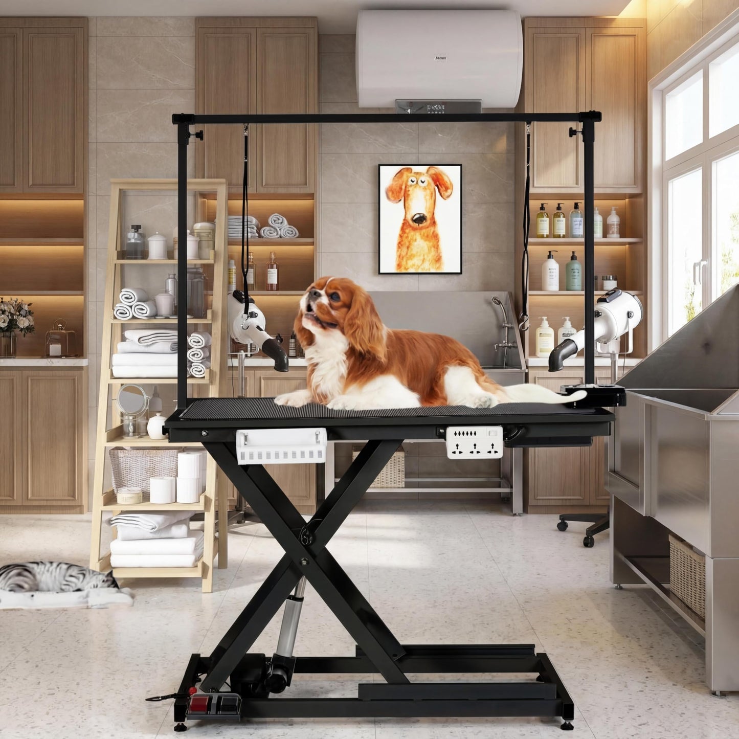 50 Inch Dog Grooming Table, Electric Hydraulic Pet Grooming Table, Dog Grooming Station with Aluminium Overhead Arm, Anti Slip Tabletop, 6 USB Ports, Height Adjustable, 300 LBS Capacity, Black