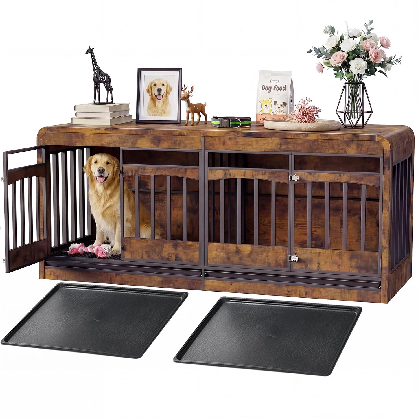 Homiflex 72" Double Dog Crate Furniture, Dog Crates for 2 Medium Large Dogs, Dog Cage TV Stand Side Table Wooden Indoor Dog Kennel with Removable Divider & Pull-Out Tray, Rustic Brown